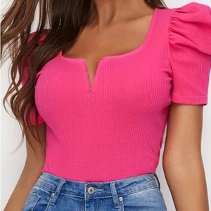 NEW Shein Neon Pink Ribbed Puff Sleeve Top